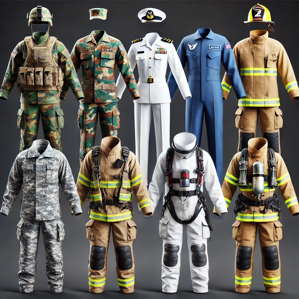 DALL·E 2024 11 21 07.01.28 A highly detailed and realistic image showcasing uniforms of Indian Army camouflage Navy white suit Air Force blue suit Firefighter fire res